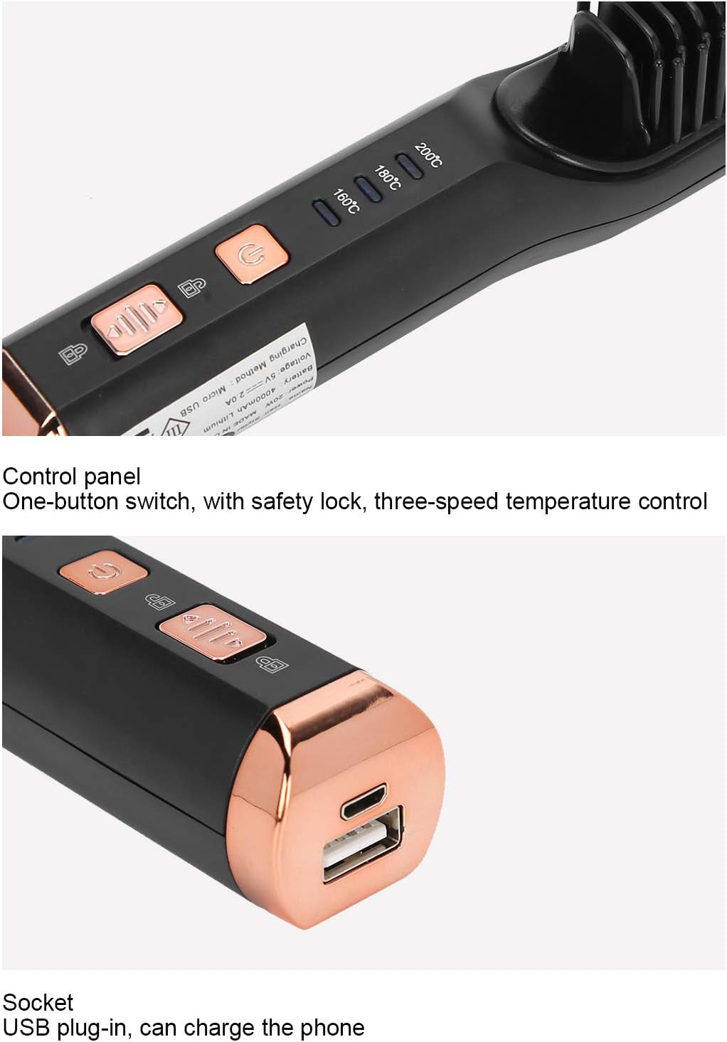 Hair Straightener Comb, USB Charging Hair Straightening Brush with 3 Gears Temperature,Electric Heating Hot Comb Hair Styling Tool(Black)