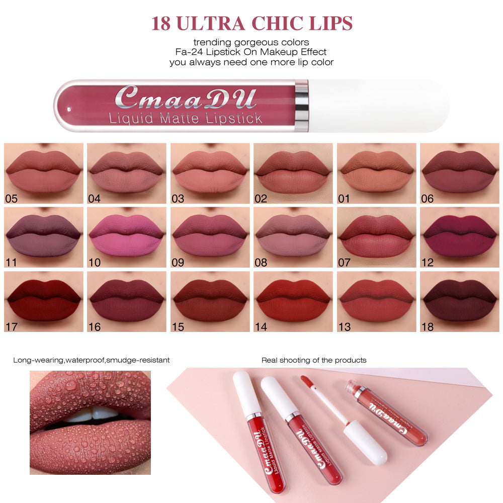CmaaDu 18 Color Lipstick Matte Non-Stick Cup Waterproof Long Lasting
