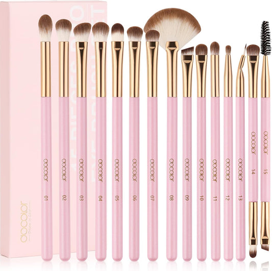 Eyeshadow Brushes  Eye Makeup Brushes 15Pieces Professional Eye Makeup Brush Set with Premium Wooden Handles for Eyeshadow, Concealer, Eyebrow, Eyelash and Eye Liners Neon (Pink, 15Pcs)