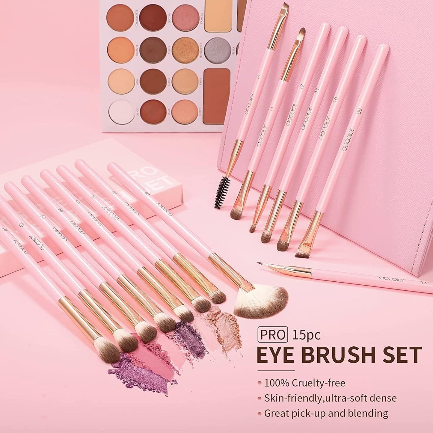 Eyeshadow Brushes  Eye Makeup Brushes 15Pieces Professional Eye Makeup Brush Set with Premium Wooden Handles for Eyeshadow, Concealer, Eyebrow, Eyelash and Eye Liners Neon (Pink, 15Pcs)