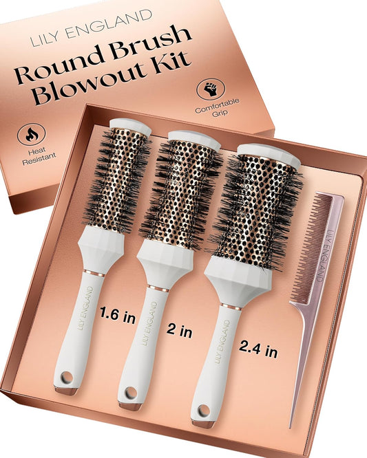 round Hair Brush Set, 4 Piece Professional Blow Dry Kit with 3 round Brushes and Comb for Styling, Beauty Gifts Sets for Women