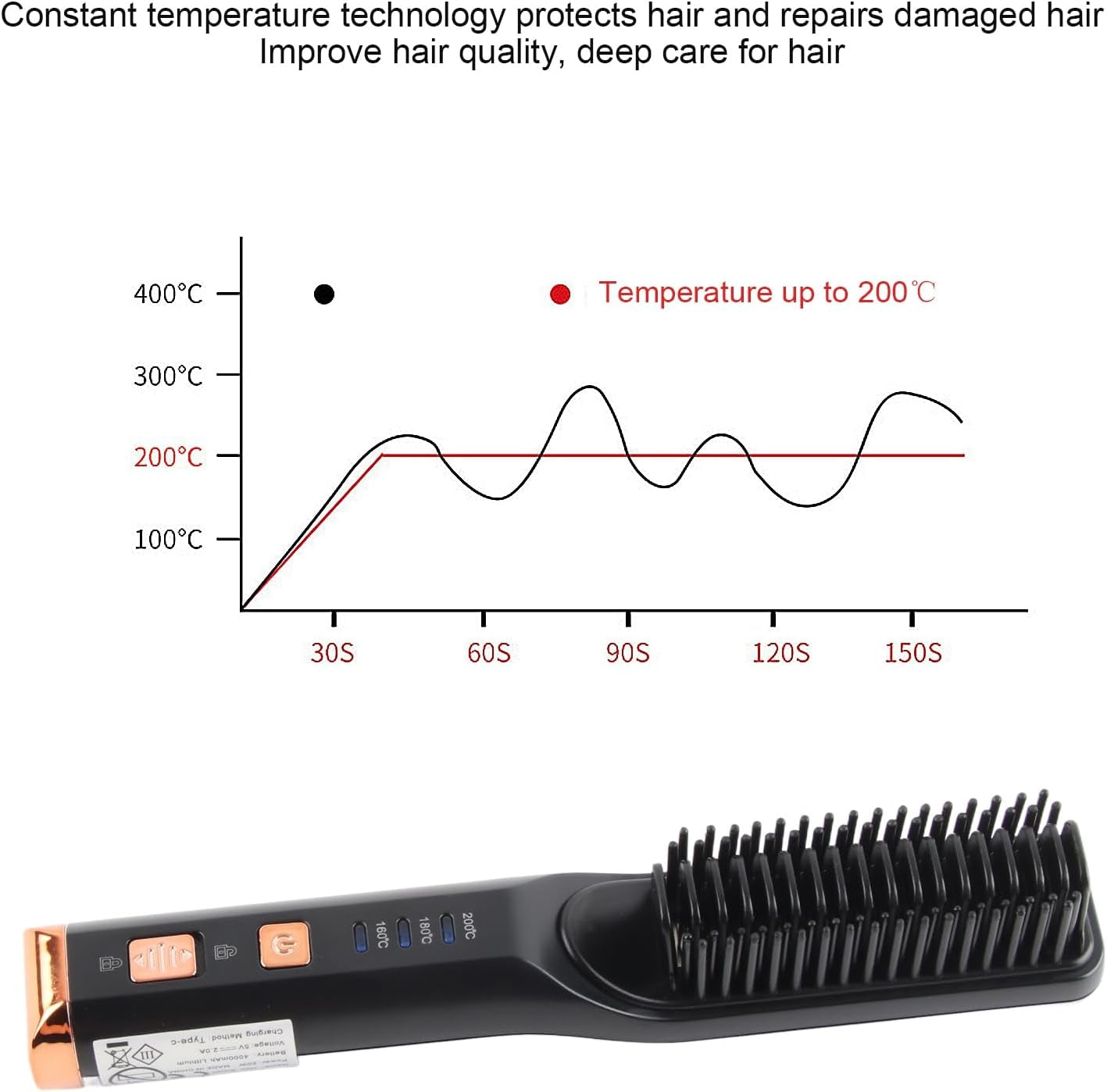 Hair Straightener Comb, USB Charging Hair Straightening Brush with 3 Gears Temperature,Electric Heating Hot Comb Hair Styling Tool(Black)