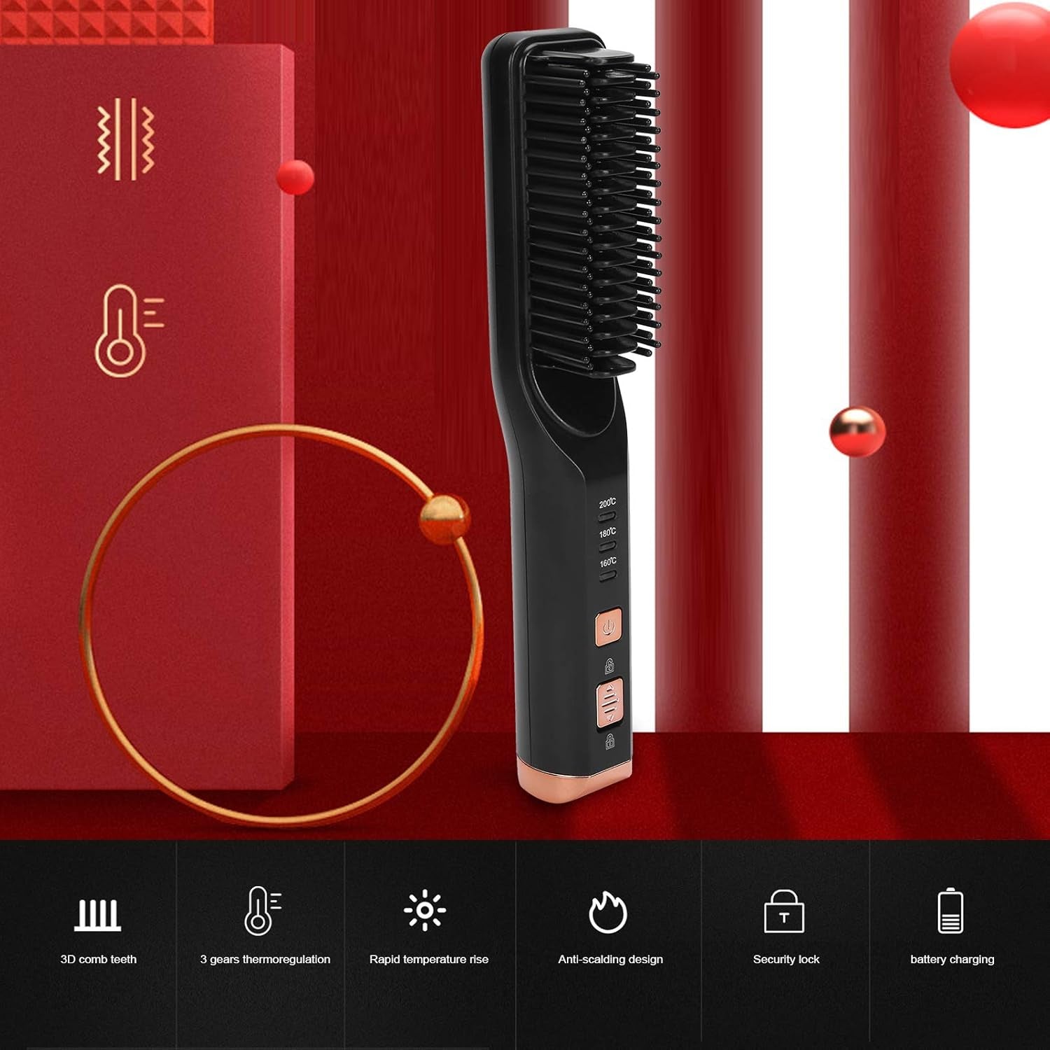 Hair Straightener Comb, USB Charging Hair Straightening Brush with 3 Gears Temperature,Electric Heating Hot Comb Hair Styling Tool(Black)